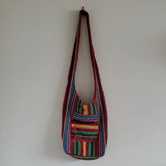 Multicolor Striped Cotton Crossbody Boho Hippie Festival Vacation Sling Bag - Picture 1 of 9